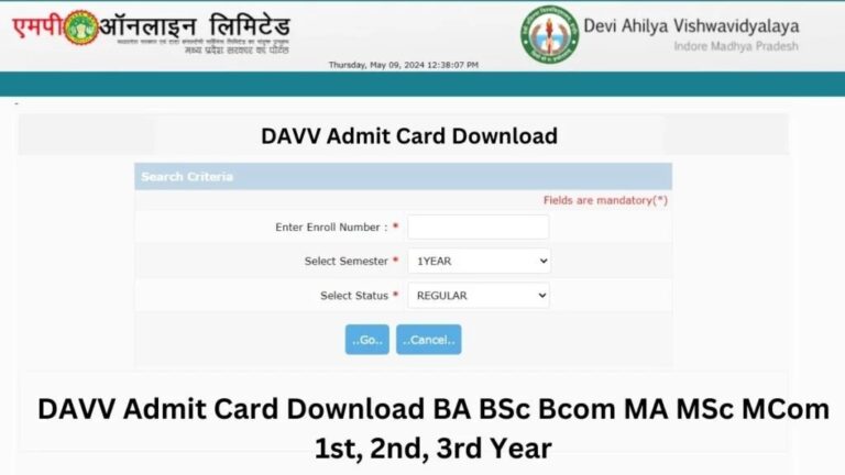 DAVV University UG, PG Semester Admit Card 2024